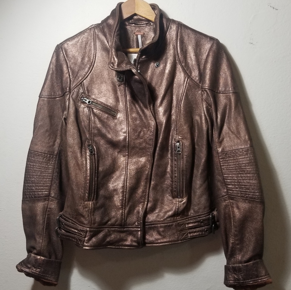 Leather shimmer copper moto jacket